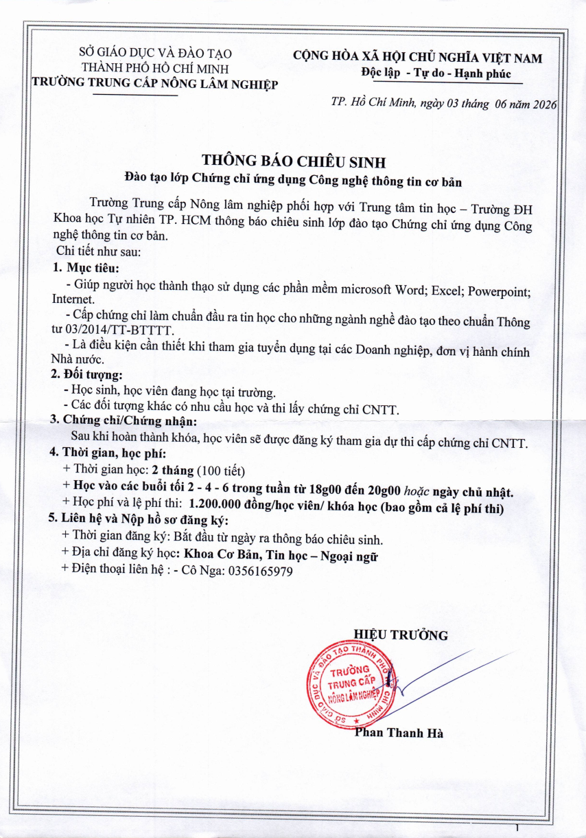 Thông báo chiêu sinh lớp Chứng chỉ ứng dụng công nghệ thông tin cơ bản T06-2026